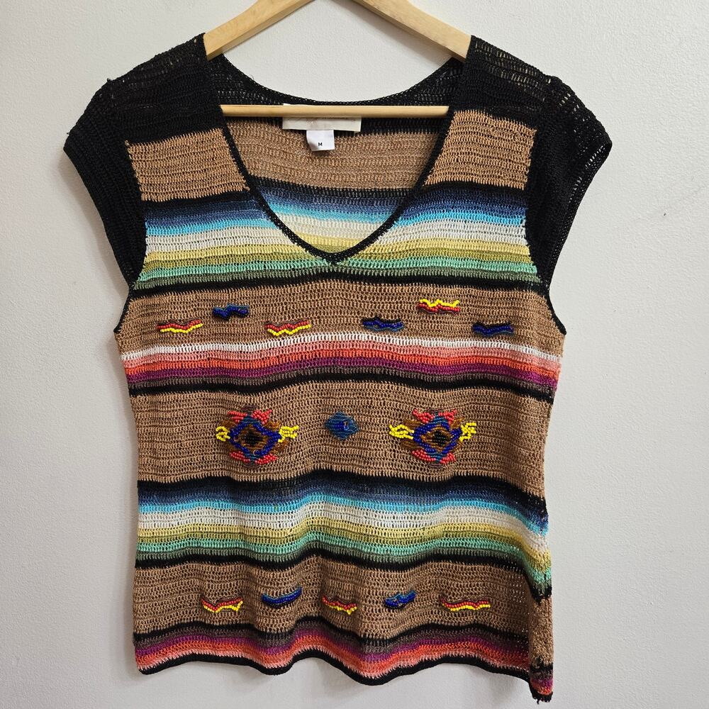 Liz Palacios Womens Vtg Knit Boho Top M Striped Beaded Artsy Southwestern Boho